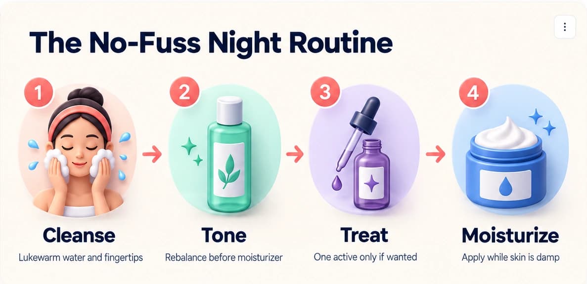 A steps infographic generated inside an article: The No-Fuss Night Routine, four illustrated steps